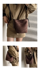 Detail shots of minimalist dark brown suede bucket bag worn as crossbody and shoulder styles
