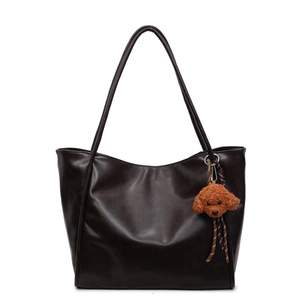 Dark brown oil-wax leather tote bag with long handles and a cute poodle plush charm