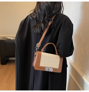Détail d'un sac bandoulière tissé chic avec bordure en cuir marron et fermoir métal