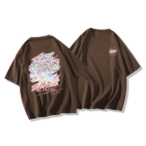 Front and back views of a dark brown oversized cotton t-shirt with floral graphic print