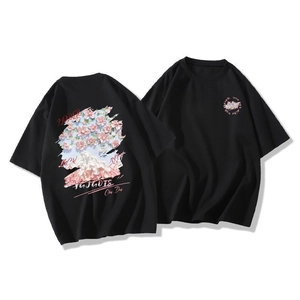 Oversized black cotton T-shirt featuring cherry blossom and mountain back print