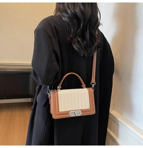 Modèle portant un sac bandoulière tissé bicolore avec garniture marron et fermoir