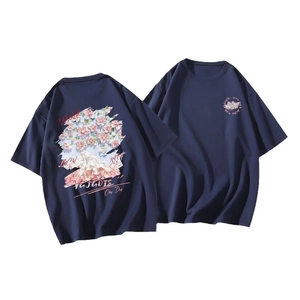 Front and back view of a navy blue cotton t-shirt with floral Fujiyama graphic print