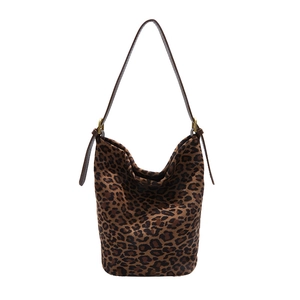 Retro leopard print suede bucket bag with brown leather strap and gold buckles