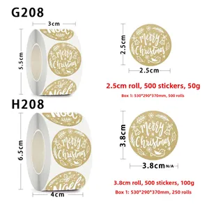 Detailed view of Merry Christmas adhesive label rolls with gold foil reindeer and snowflakes