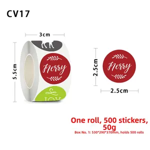 Detailed size chart for Christmas stickers showing 2.5cm diameter and 500 label roll spec