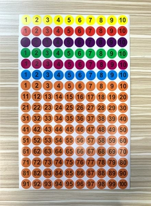 Dettaglio di adesivi rotondi da 1 pollice numerati 1-100 con etichette multicolore su legno
