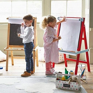Kids wooden double-sided easel with paper roll and storage tray for art and drawing
