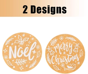 Detail of Noel and Merry Christmas kraft paper stickers with white holiday patterns