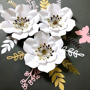 3D white paper flower set with gold center butterfly and leaf craft wall decorations