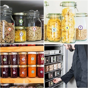 Numbered 1-11 stickers labeling glass storage jars and stainless containers