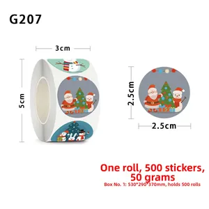 Detailansicht der 2,5 cm Weihnachtsaufkleber-Rolle mit Größenangaben und Motiven