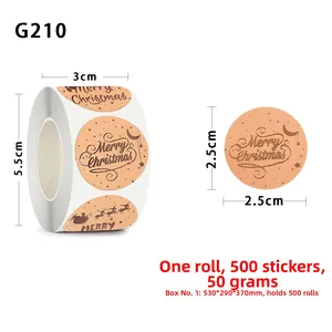 Detail of circular 2.5cm Merry Christmas stickers roll with gold foil on kraft paper