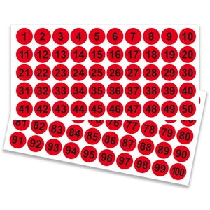 Set di adesivi numerati 1-100 rossi tondi con testo nero in grassetto su etichette