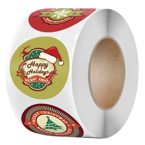 Merry Christmas Kraft Paper Round Stickers Roll Festive Sealing Decoration Labels With Trees Snowflakes Patterns For Holiday Gift Wrapping
