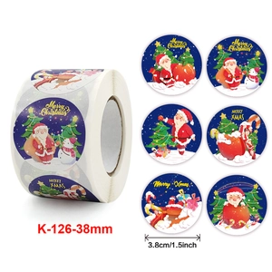 Roll of 1.5 inch Merry Christmas stickers with Santa and snowman patterns on white background