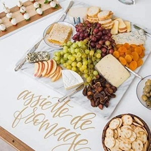 Rectangular white marble cheese board with grey veins for party food serving