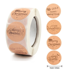 Merry Christmas Round Gold Stamping Kraft Paper Stickers Roll Festive Holiday Gift Sealing Labels Greeting Cards Decor