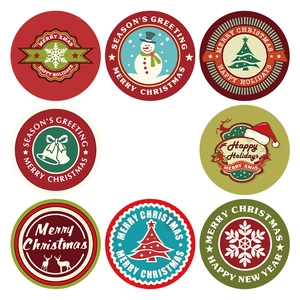 Set of 8 round Christmas Kraft stickers with retro Merry Christmas holiday designs