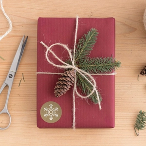 Détail d'un paquet cadeau de Noël rouge avec corde de chanvre et autocollant de flocon d'or