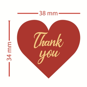 Adesivi Thank You rossi a forma di cuore con testo in oro, misura 38mm x 34mm