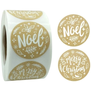 Christmas kraft paper roll stickers with white Noel and Merry Christmas festive patterns