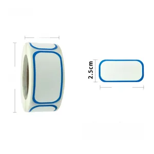 Detail of 5x2.5cm kitchen food date labels, 300 stickers per roll with blue borders