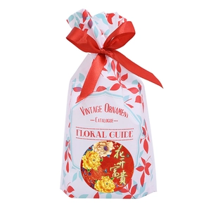 Sacchetto regalo vintage floreale con fiocco rosso e adesivi di Capodanno da 1,5 pollici