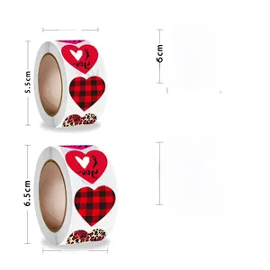 Size specifications for heart love stickers with buffalo plaid and leopard print patterns