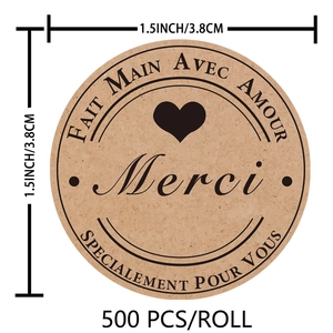 500pcs kraft paper Merci heart stickers roll, 1.5 inch round seal labels for baking