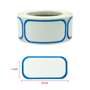 Roll of white food date stickers with blue borders, measuring 1x2 inches for kitchen labeling