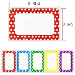 Star-bordered colorful name labels with size markings 8.8x5.8cm in a five-color pack