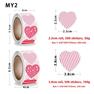 Size comparison and specifications of heart sticker rolls showing 2.5cm and 3.8cm diameters