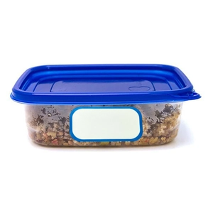 Food storage container with blue lid and blank adhesive labels for kitchen organization