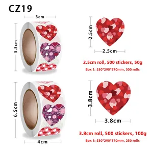 Detail showing two sizes of heart-shaped stickers in 2.5cm and 3.8cm rolls with 500 labels