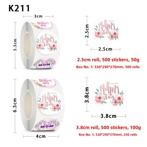 Detail of roll-packed Mother's Day floral stickers in 2.5cm and 3.8cm diameter sizes