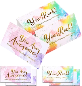 Detail view of colorful watercolor reward cards with gold foil lettering and thank you notes