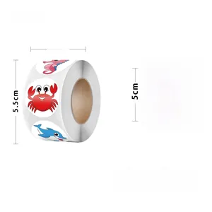 Detail view of 2.5cm ocean animal stickers showing dimensions and 500 pieces per roll