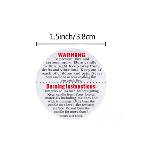1.5 inch round candle safety warning label with red warning text and burning instructions