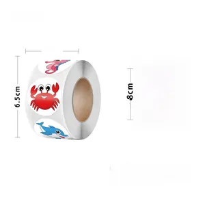 Detail view of 3.8cm animal stickers roll showing 500 labels with ocean theme dimensions