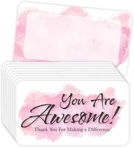 Dettaglio delle carte premio acquerello rosa con testo 'You Are Awesome' e 'Thank You'