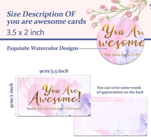 Macro view of watercolor reward cards for kids showing size 3.5x2 inches and floral patterns
