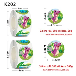 Comparaison de taille détaillée pour rouleaux de stickers dinosaures 2,5 cm et 3,8 cm 500 labels