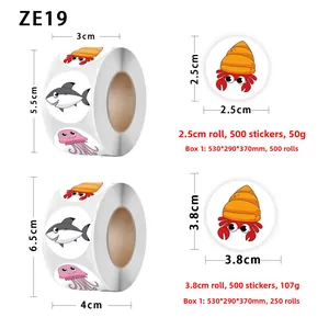 Detailed size chart for 2.5cm and 3.8cm sea animal stickers showing roll dimensions