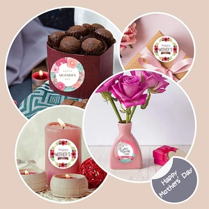 Detail shots of floral Happy Mother's Day stickers on gift boxes and candles