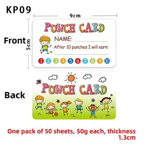 Front and back detail of 9x5cm punch cards for children reward with cartoon illustrations