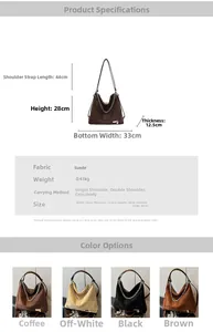 Detaillierte Größentabelle und Materialdetails für große Vintage-Wildledertasche