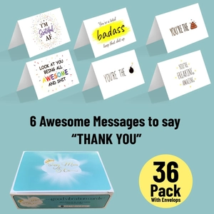 Set of 36 funny thank you cards with 6 unique witty designs and envelopes in a box