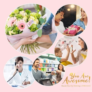 Detailed views of 'You Are Awesome' reward cards in gift, floral and workplace settings