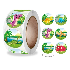 Rouleau d'autocollants dinosaures pour enfants avec 8 motifs et diamètre de 2,5 cm